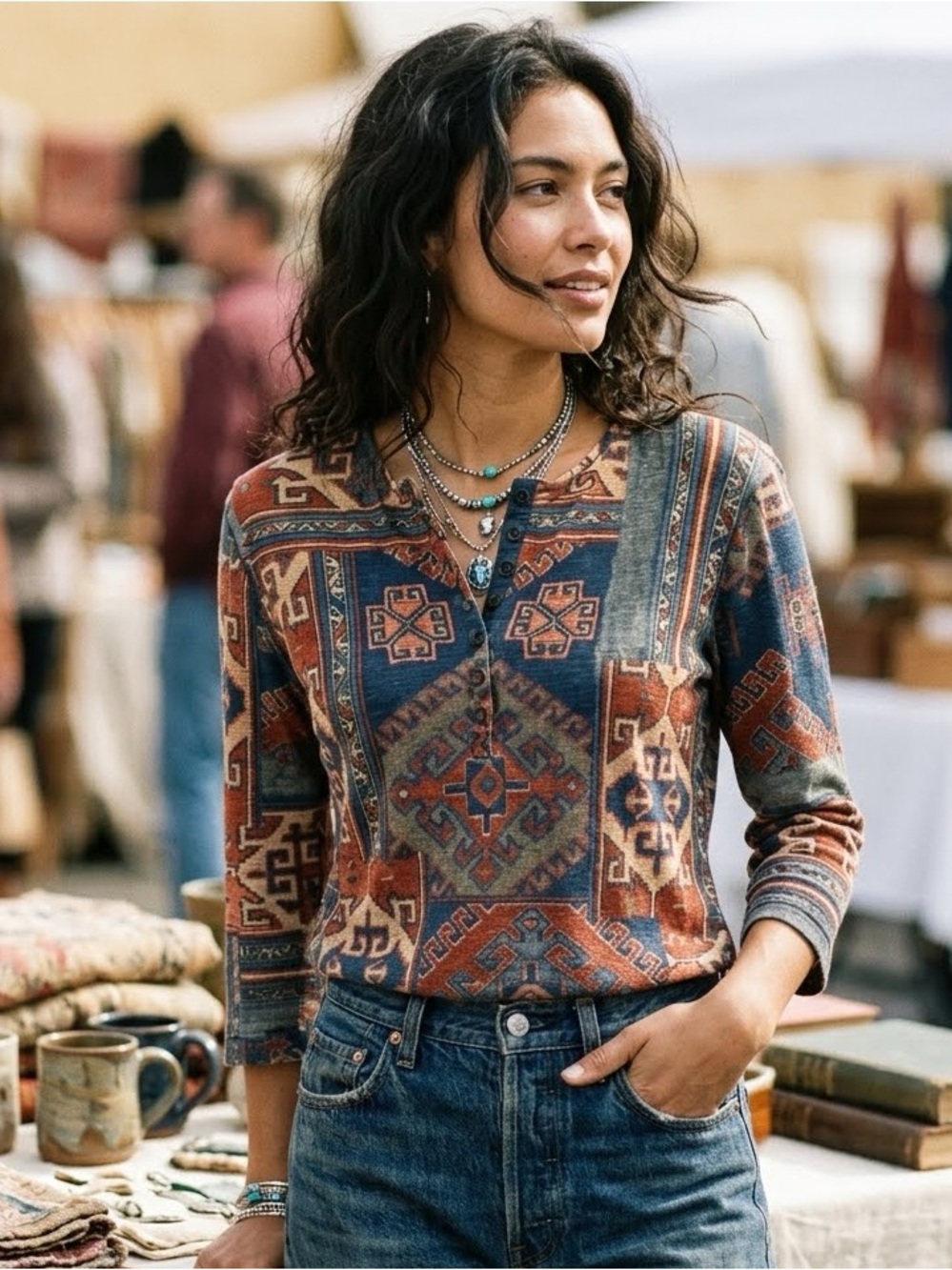 Vintage Lauren Ralph Lauren Southwestern Print Henley Top - Size Medium
